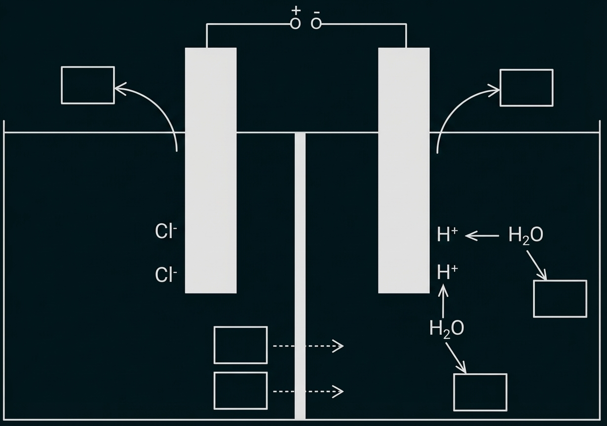 Schematische Elektrolysezelle mit zwei Elektroden, Membran und Ionentransport